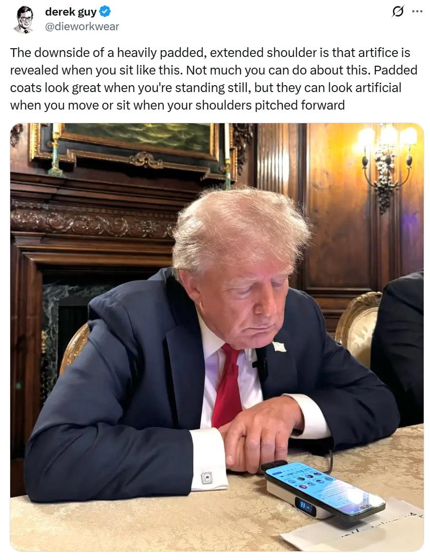 In case you were wondering just how large Trump's shoulder pads were... (X/@dieworkwear)