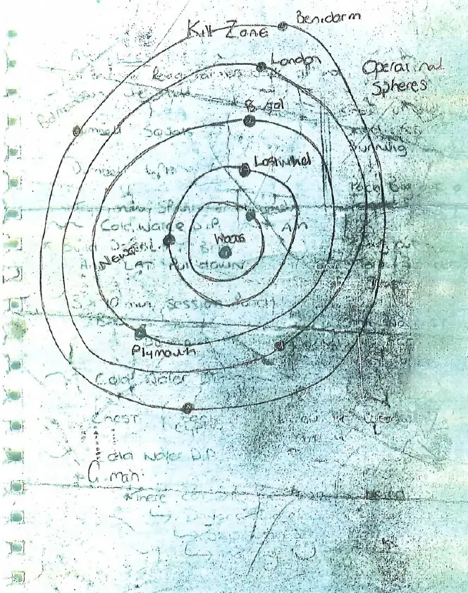 Police recovered several notes from the killer's home, including a drawing of 'kill zones' (PA)