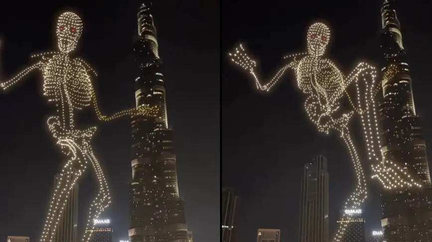 Dubai's 'crazy' Halloween drone show sees skeleton attempt to climb the Burj Khalifa