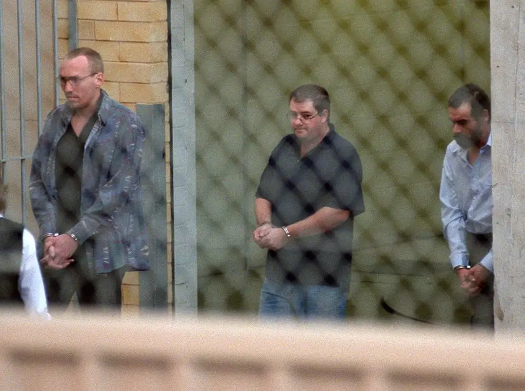 Robert Wagner, John Bunting and Mark Haydon pictured in 1999. Wagner and Bunting were sentenced to life without possibility of parole, Haydon was released in 2024 (MICHAEL MILNES/NEWS LIMITED/AFP via Getty Images)