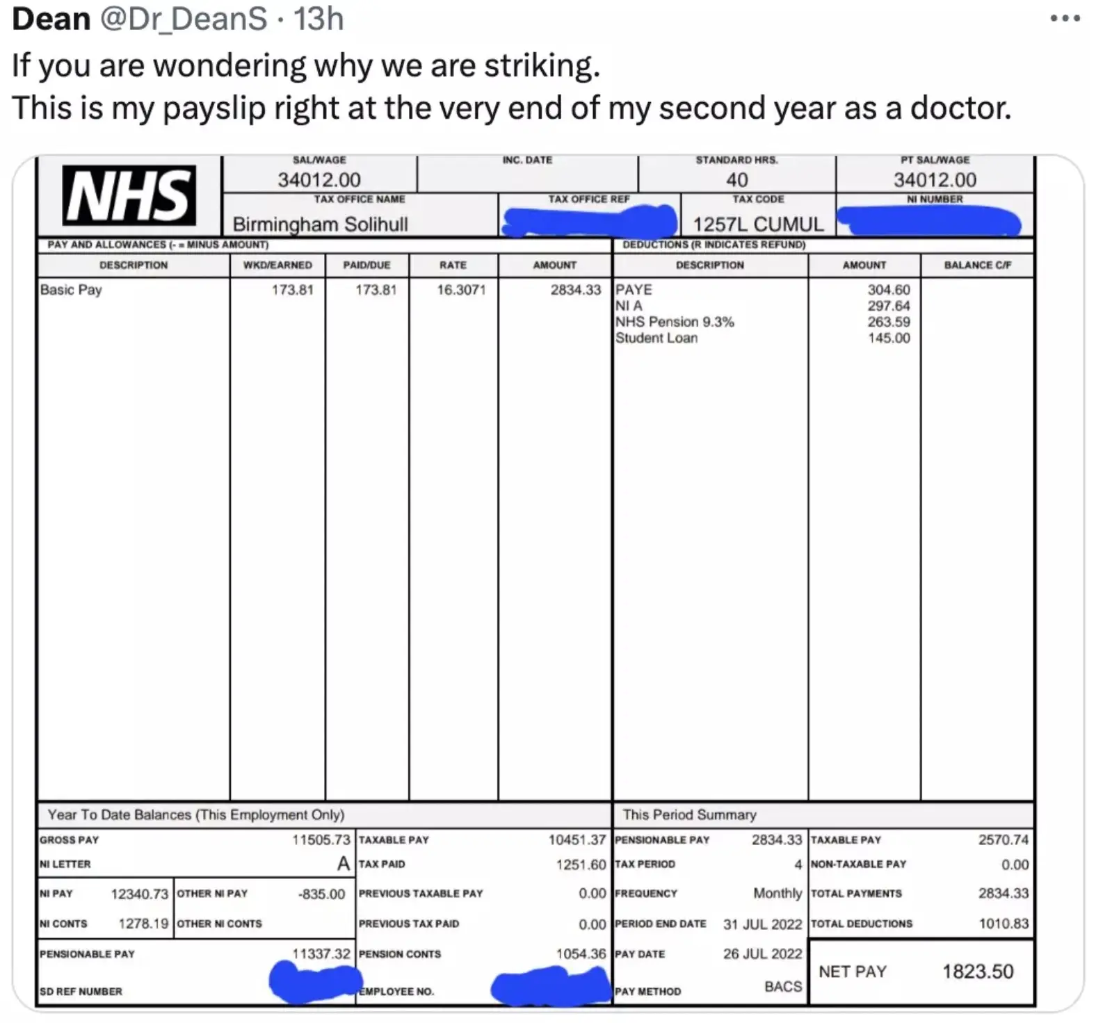 Dean shared his payslip after two years on the job.