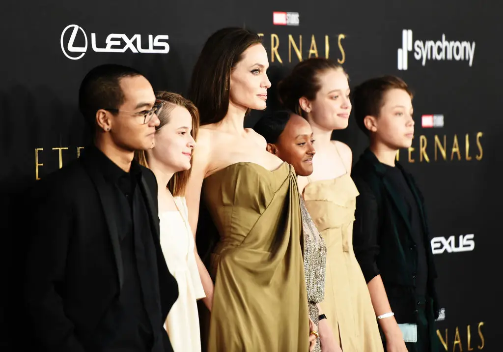 Jolie with five out of six of her children (Presley Ann/Getty Images for Palm Springs International Film Society)