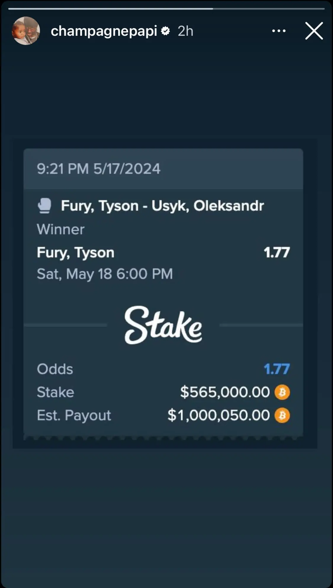 He is firmly in Fury's corner. (Instagram/champagnepapi)