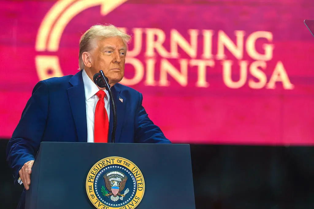 Donald Trump speaking at the Charlie Kirk memorial (Joe Raedle/Getty Images)