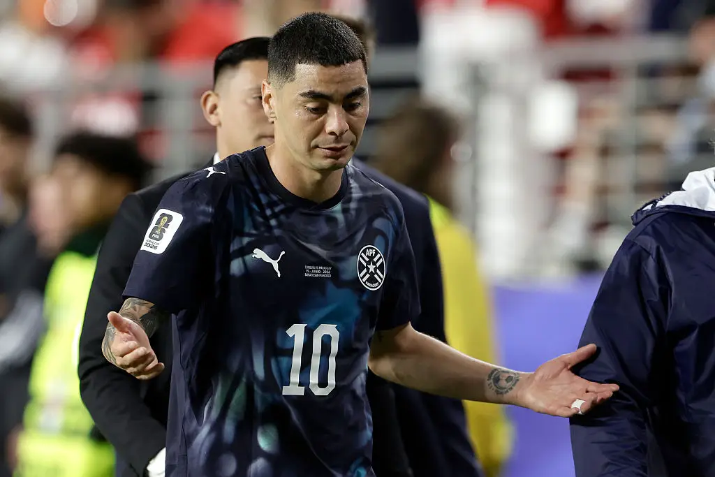 Almiron became the first ever player to be shown a red card at the World Cup under the new FIFA rule (Eric Verhoeven/Soccrates/Getty Images)