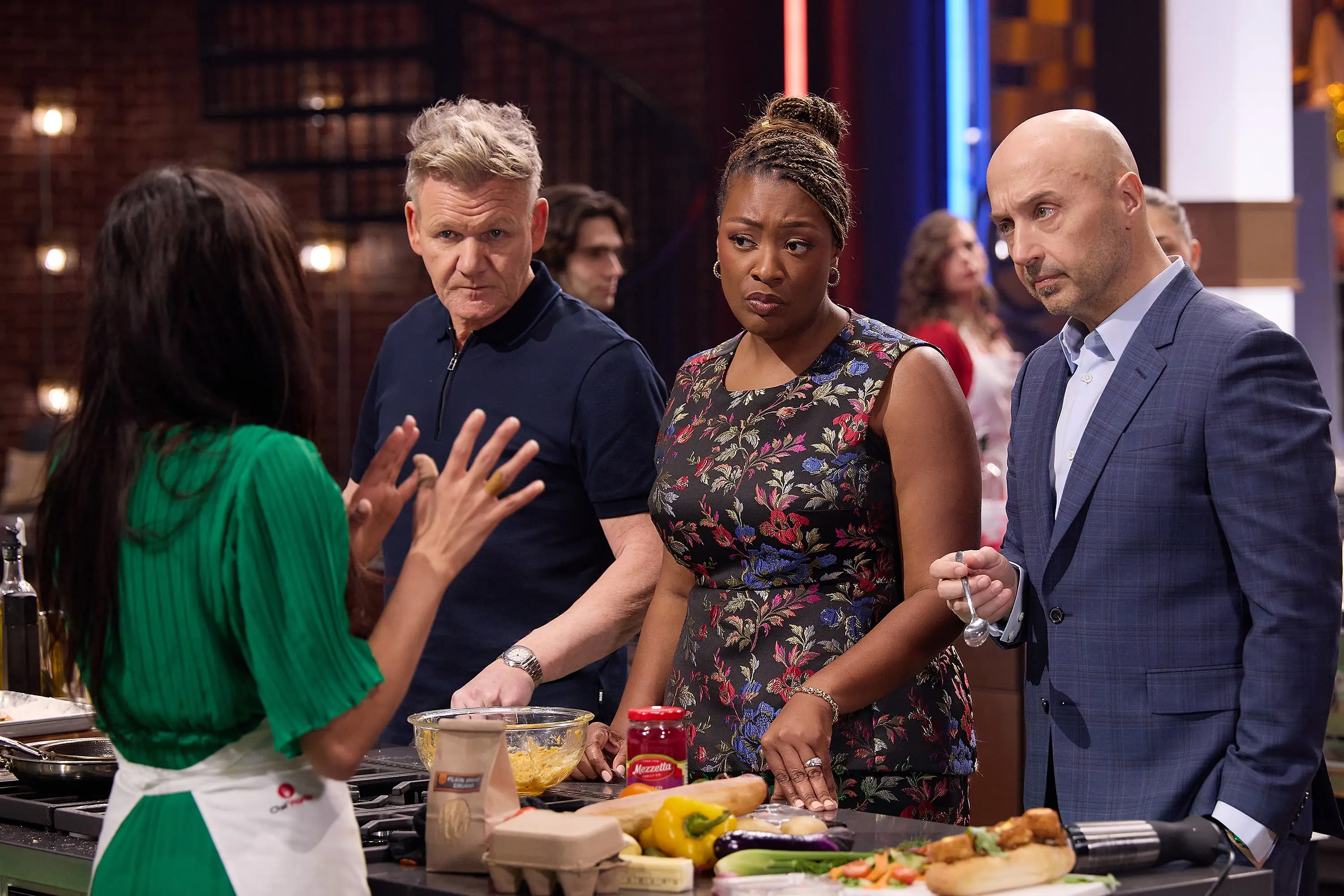 Ramsay, Bastianich and Derry were visibly disgusted by what they found in the contestant's dish (FOX via Getty Images)