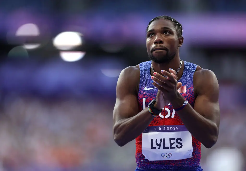 Noah Lyles seen before the race. (Photo by Elsa/Getty Images)