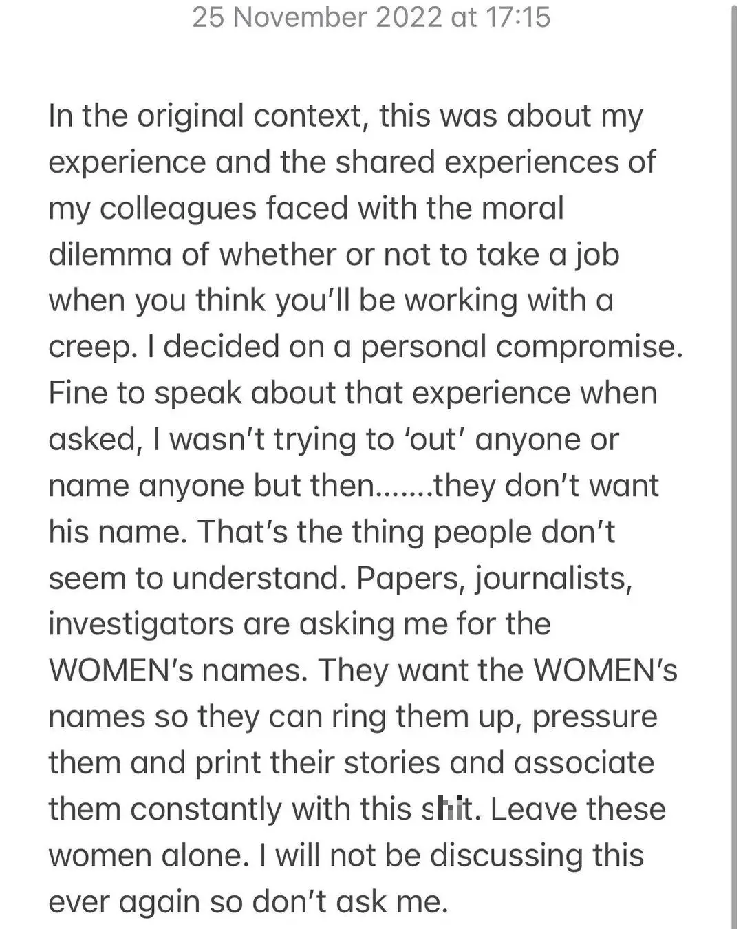 Ryan said she will not talk about the allegations again.