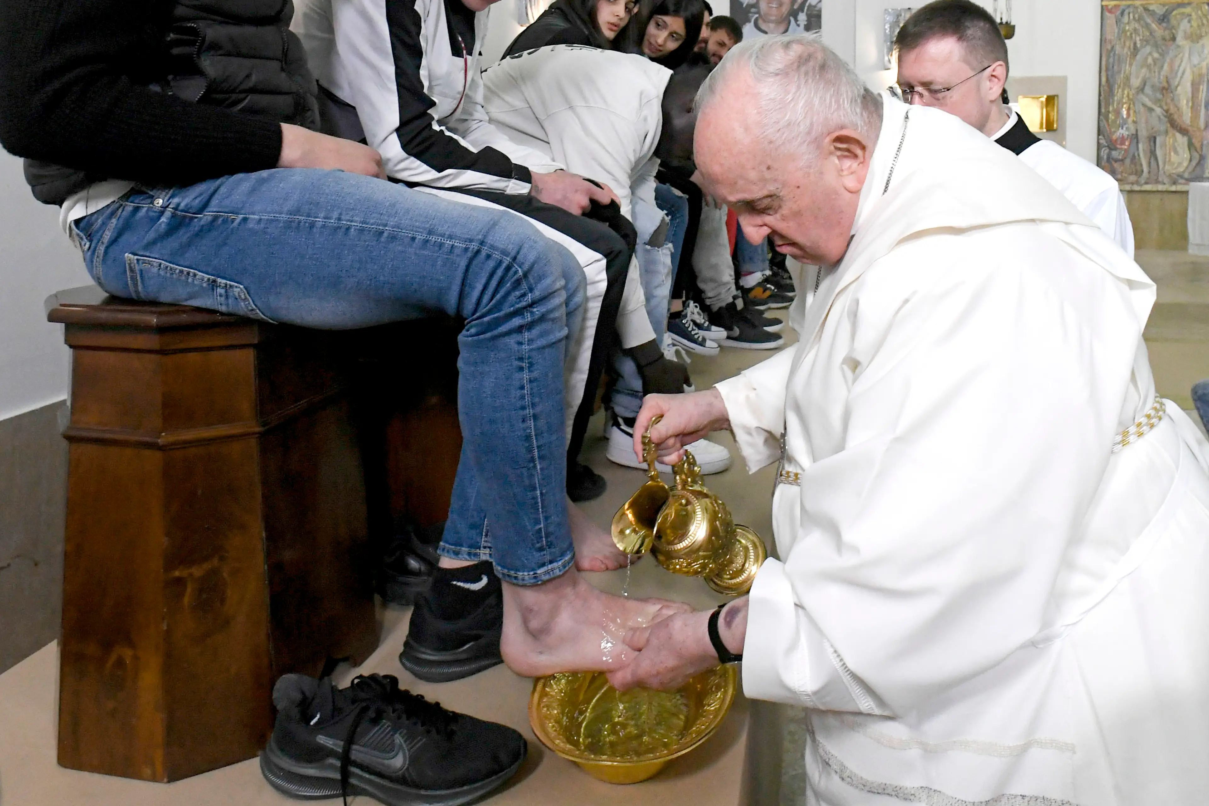 The late pontiff, pictured in 2023, was unable to partake in the foot washing ritual this year due to his ill health (Vatican Media via Vatican Pool/Getty Images)