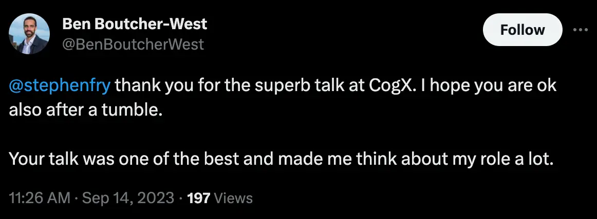 An attendee took to social media to thank Fry.