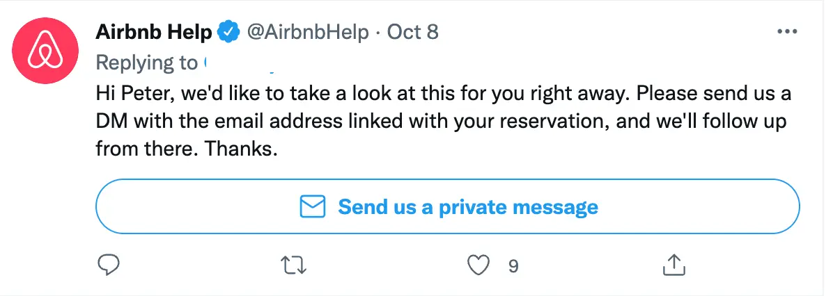 Airbnb responded to Peter's tweet about the cancellation.