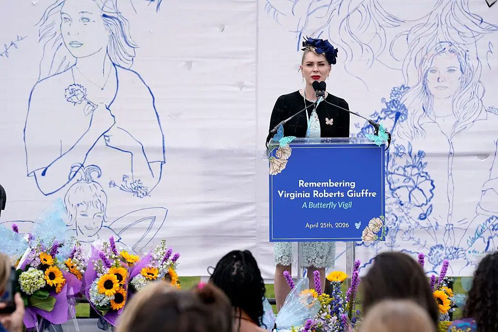 Anouska speaking during a memorial for Virginia Giuffre (Leigh Vogel/Getty Images for Women's March)