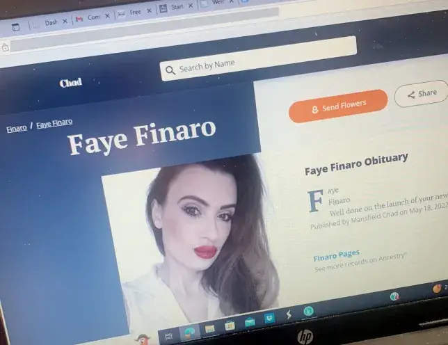 The obituary killing off Faye Finaro when she was very much still alive (SWNS)
