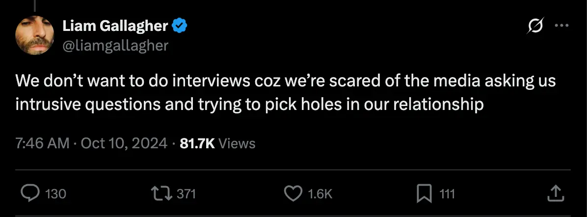 Liam was pretty straightforward in explaining why the brothers 'don't want' to be interviewed together (X/@liamgallagher)