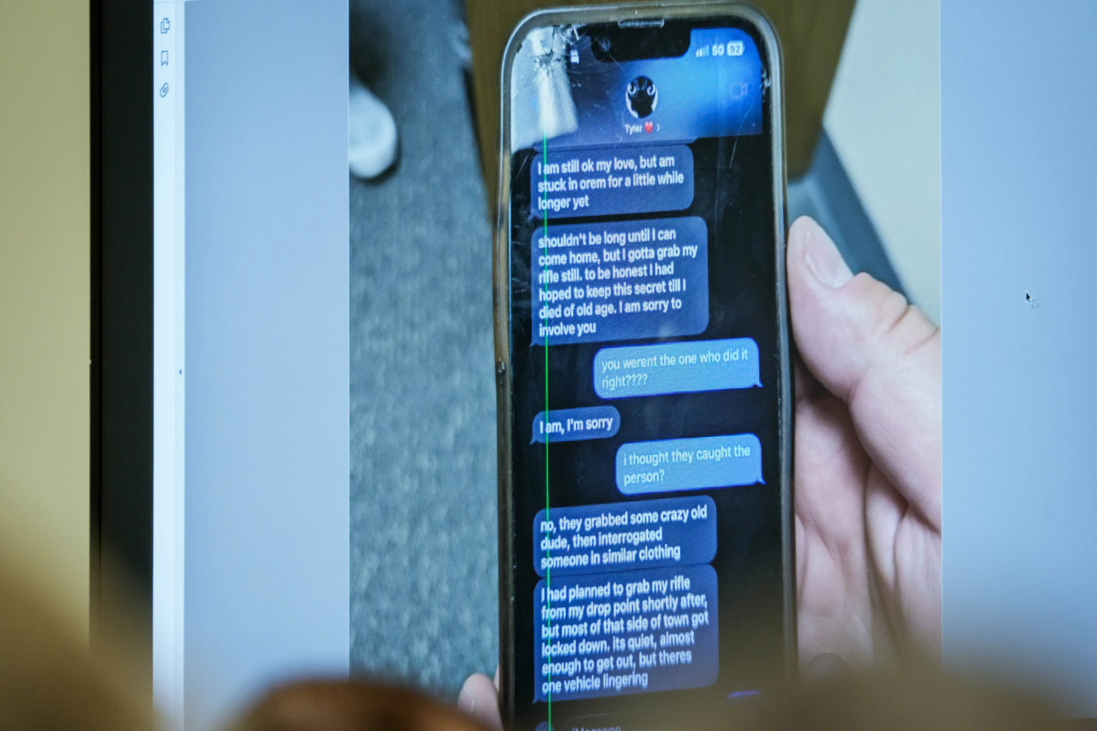 Text messages allegedly exchanged by the suspect and his roommate Twiggs were shown in court (Spenser Heaps - Pool/Getty Images)