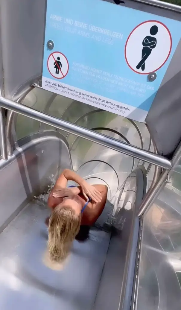 Rhiannan Iffland went down the male-only waterslide despite the warning signs (Instagram/@rhiannan_iffland)