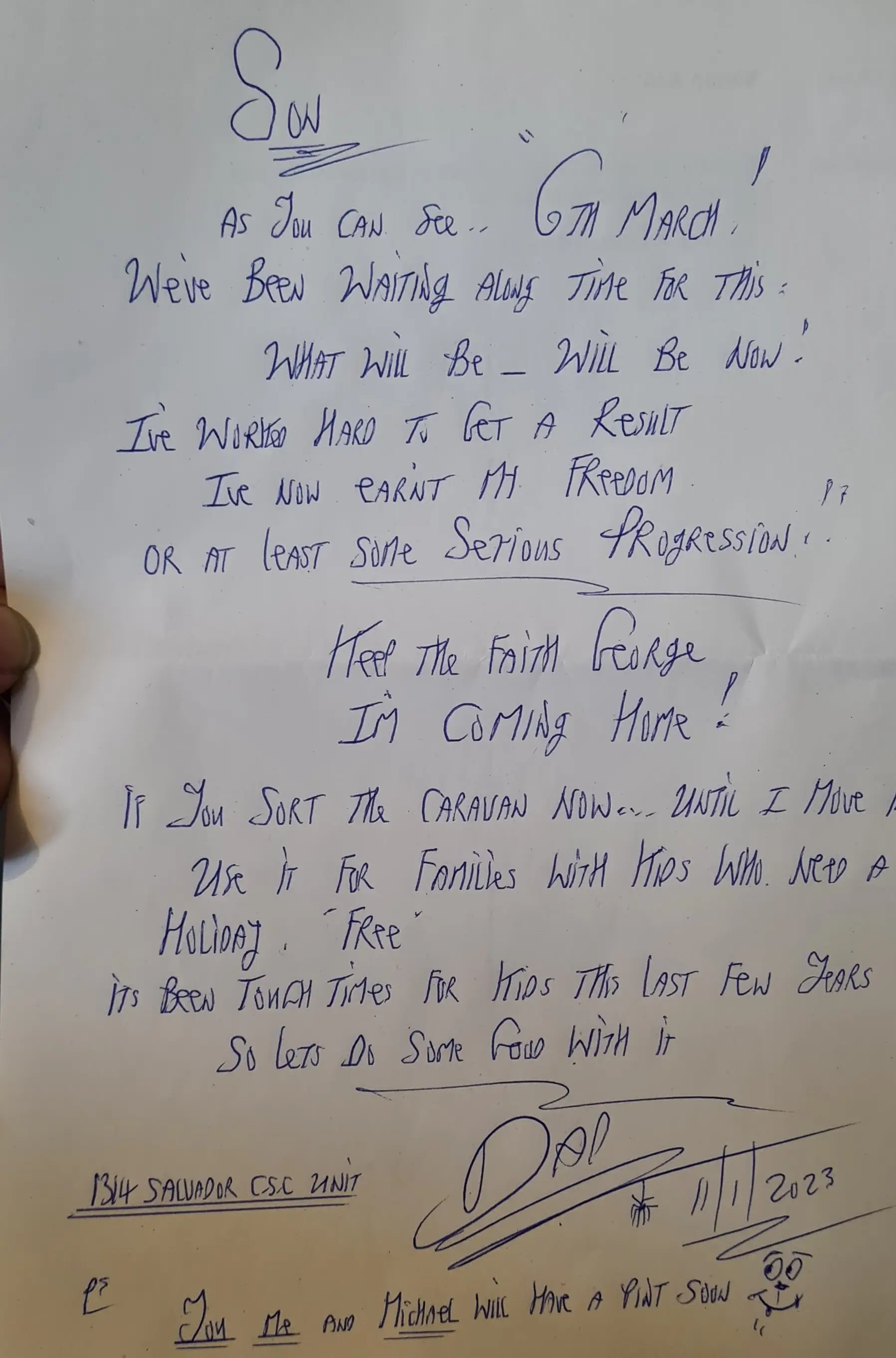 Bronson wrote to his son about the parole hearing.