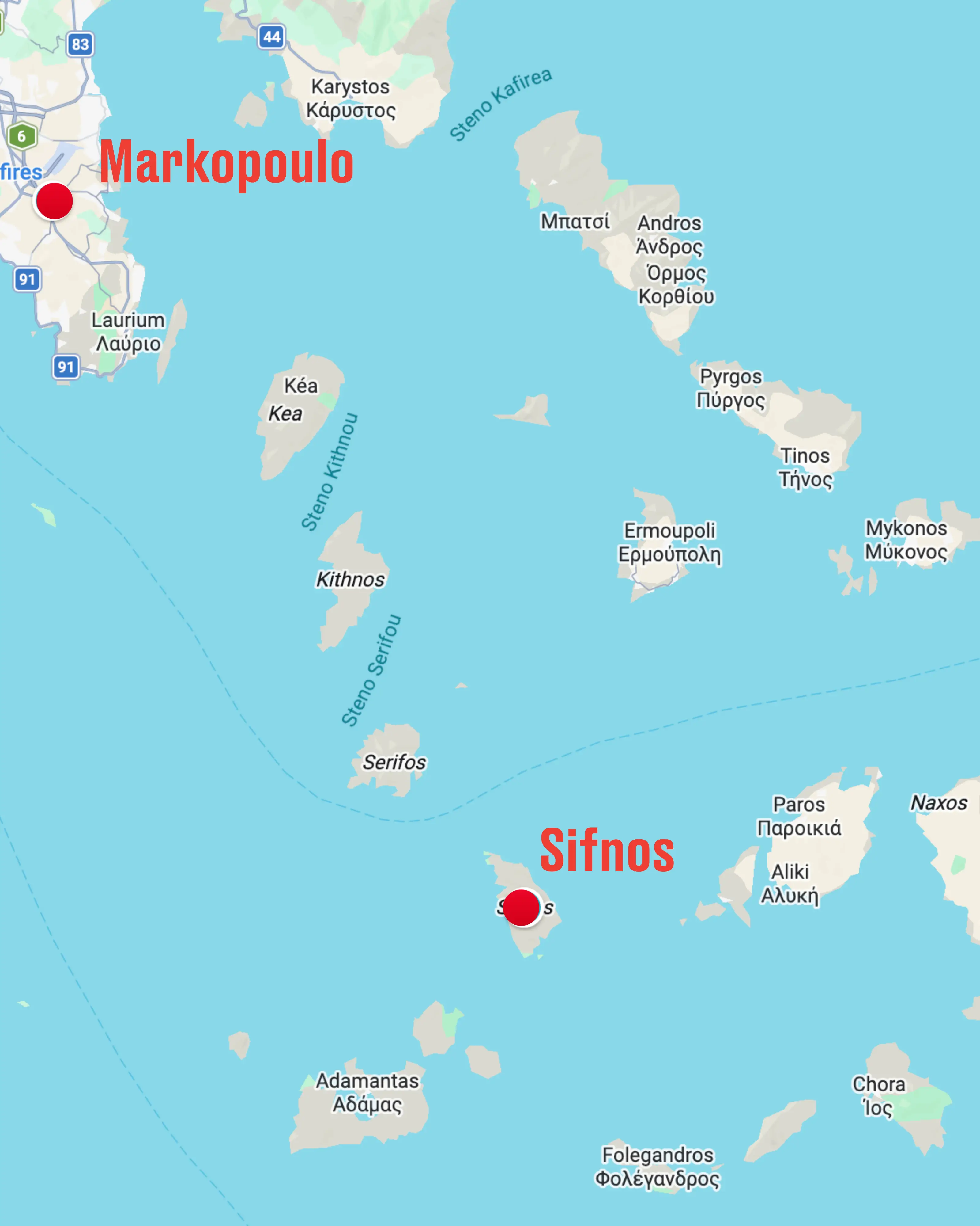 The helicopter crashed on the Greek island of Sifnos and took off from Markopoulo (Google Maps)