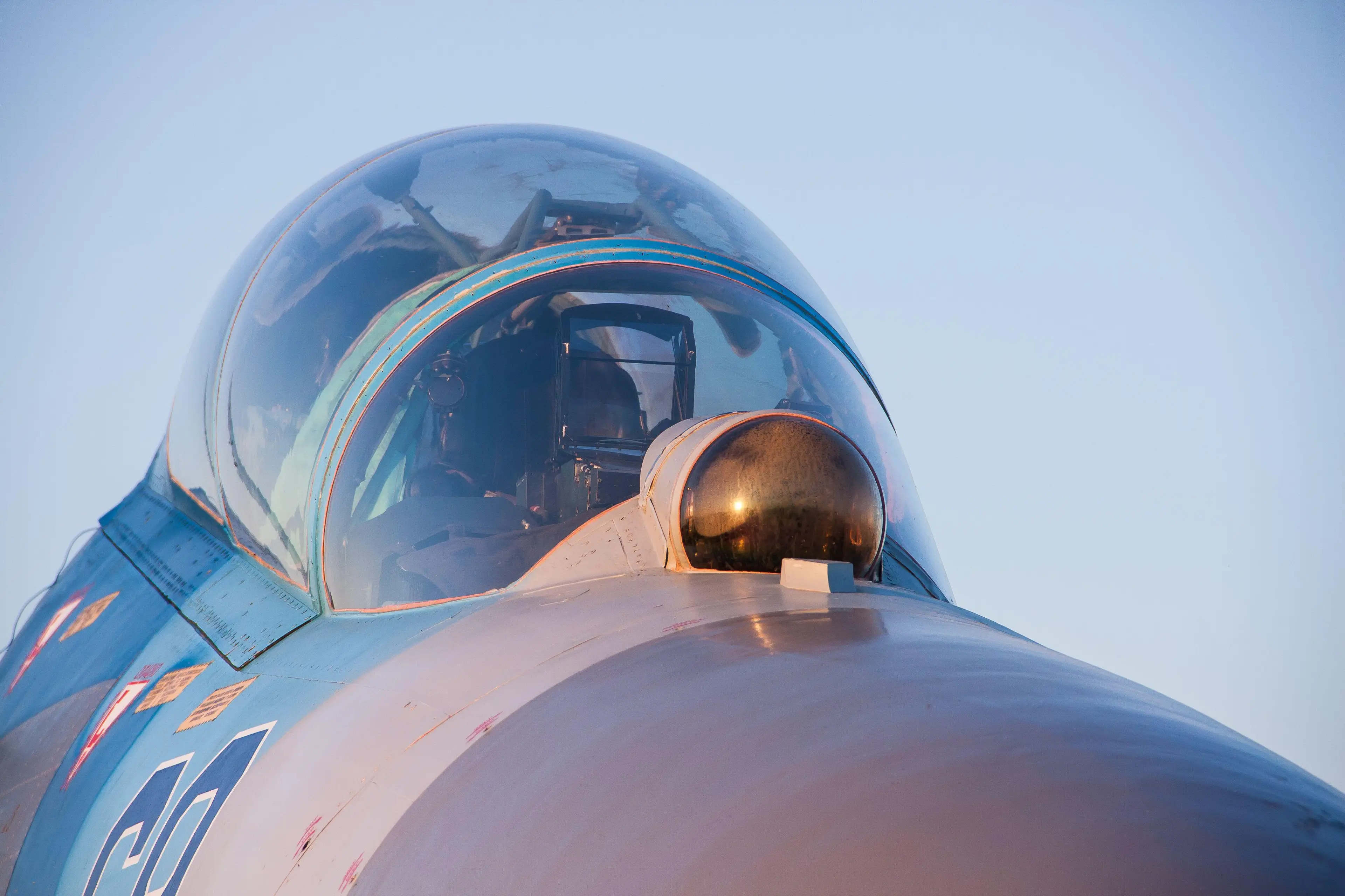 Ukraine Air Force Sukhoi SU-27 military fighter jet cockpit section.