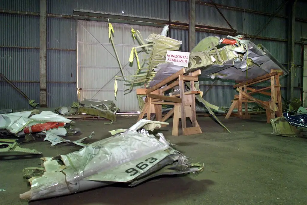 Pieces of the recovered wreckage of the tail section of Alaska Airlines flight 261 (MIKE NELSON/AFP via Getty Images)