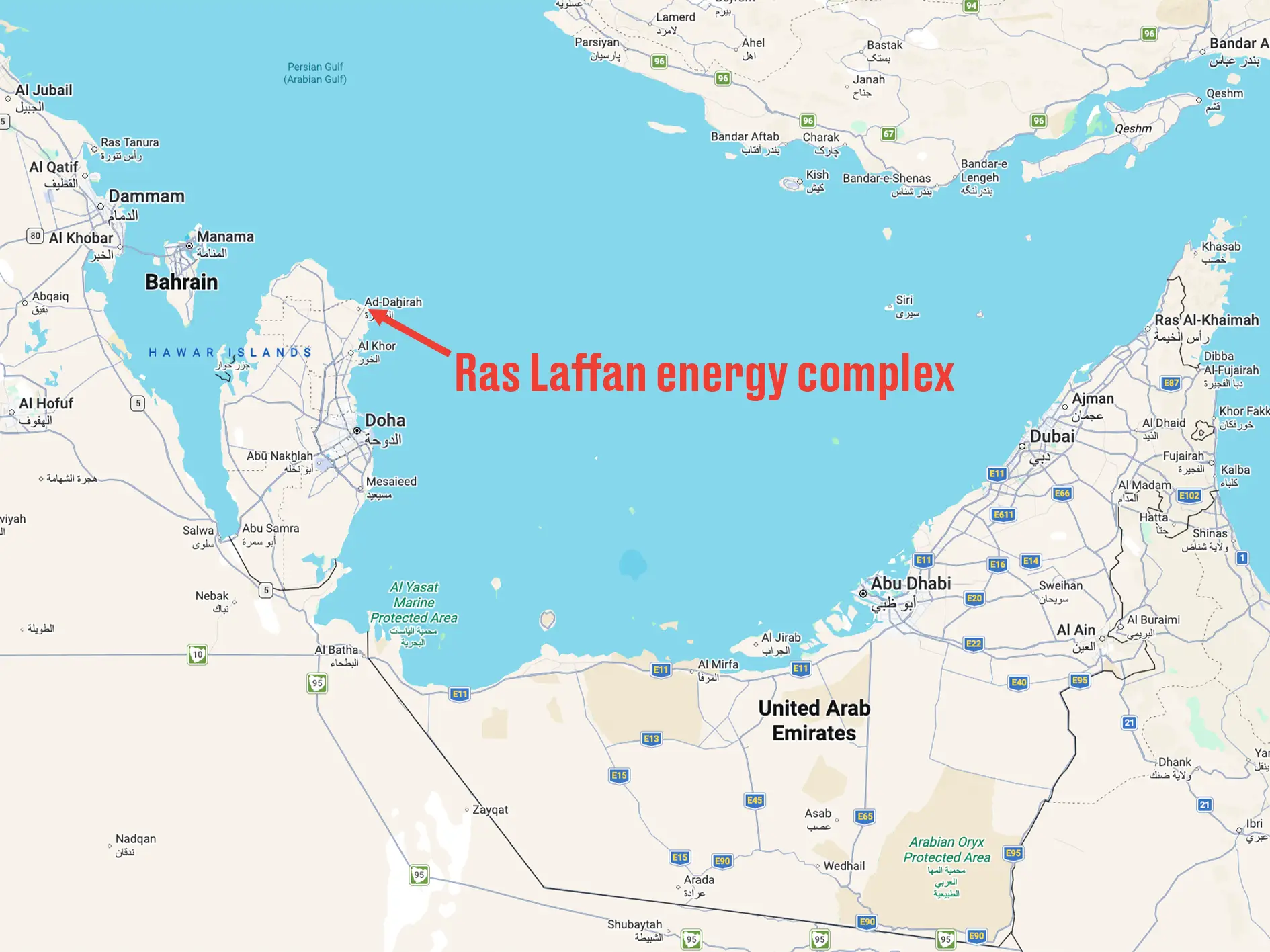 Iran has attacked the Ras laffan industrial area (Google Maps/LADbible)