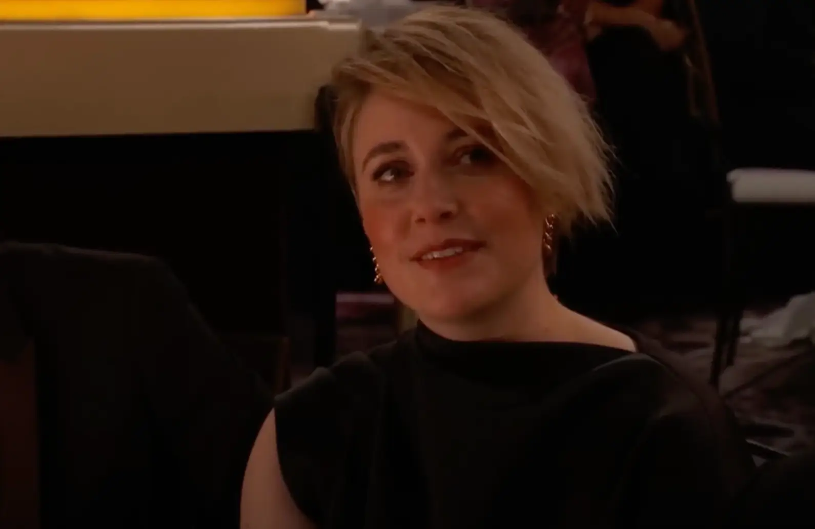The camera panned to Greta Gerwig during the cringeworthy moment (CBS)