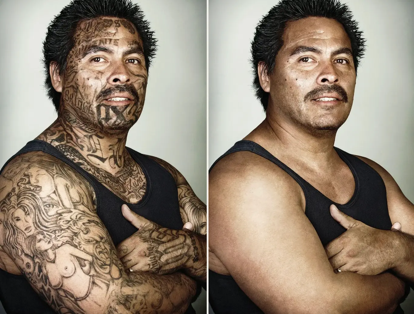 This is a photo of Marcos Luna with and without his tattoos (Skin Deep Steven Burton)