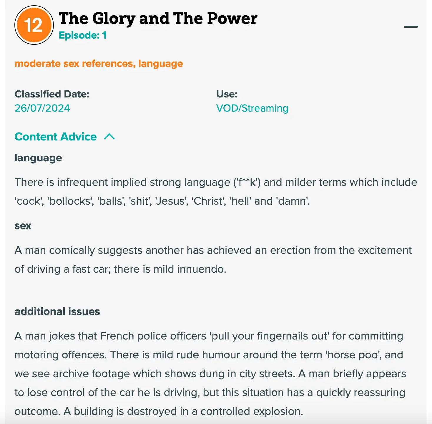 The warning for episode one of The Not Very Grand Tour (bbfc)