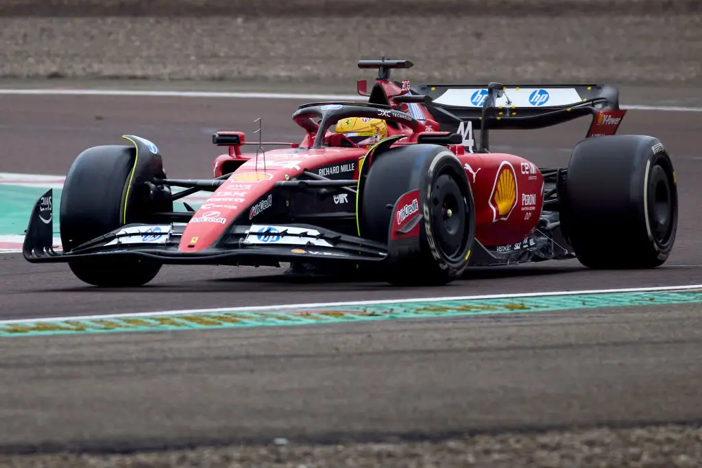 Hamilton is giving the Ferrari SF-24 a test drive, but a clause in his contract meant he couldn't bring staff from Mercedes over to Ferrari. (Emmanuele Ciancaglini/Ciancaphoto Studio/Getty Images)