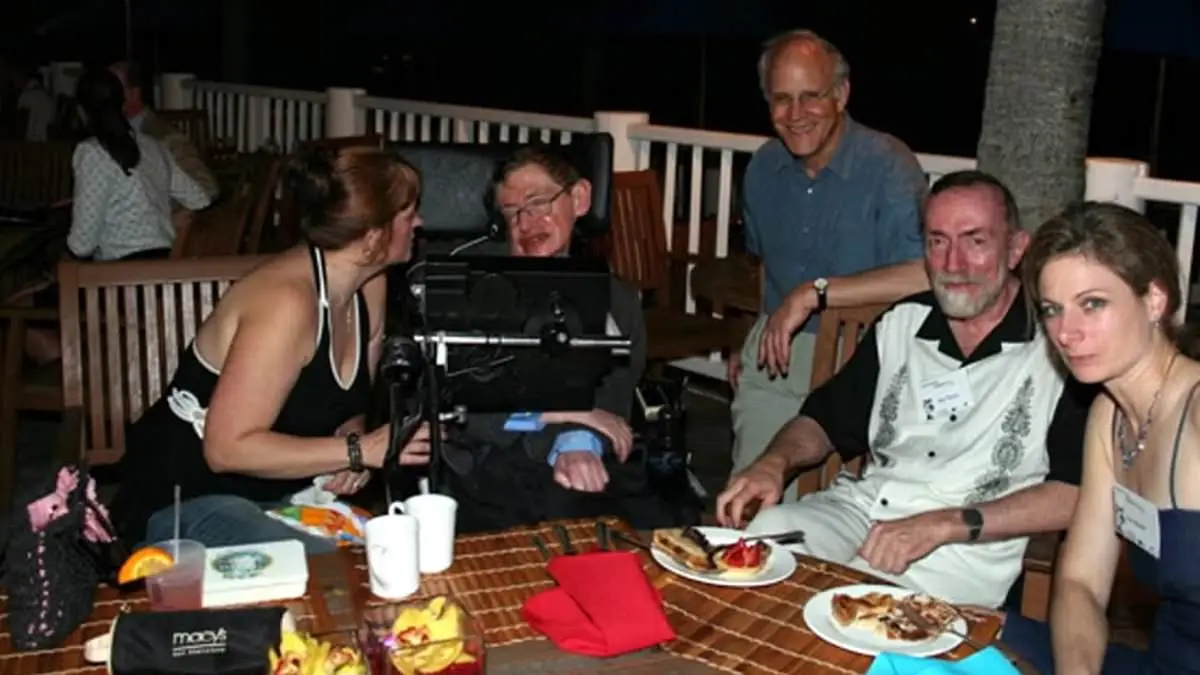 Hawking was also pictured having dinner on Epstein's island, and is here pictured with physicists David Gross, Kip Thorne and Lisa Randall (Department of Justice)