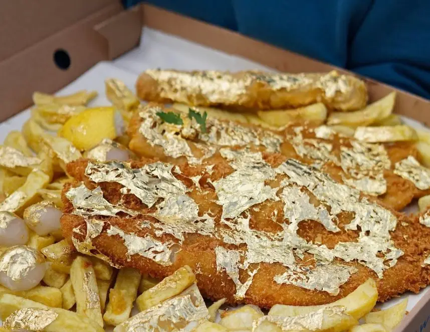 The dish has 24 karat gold sprinkled all over it.