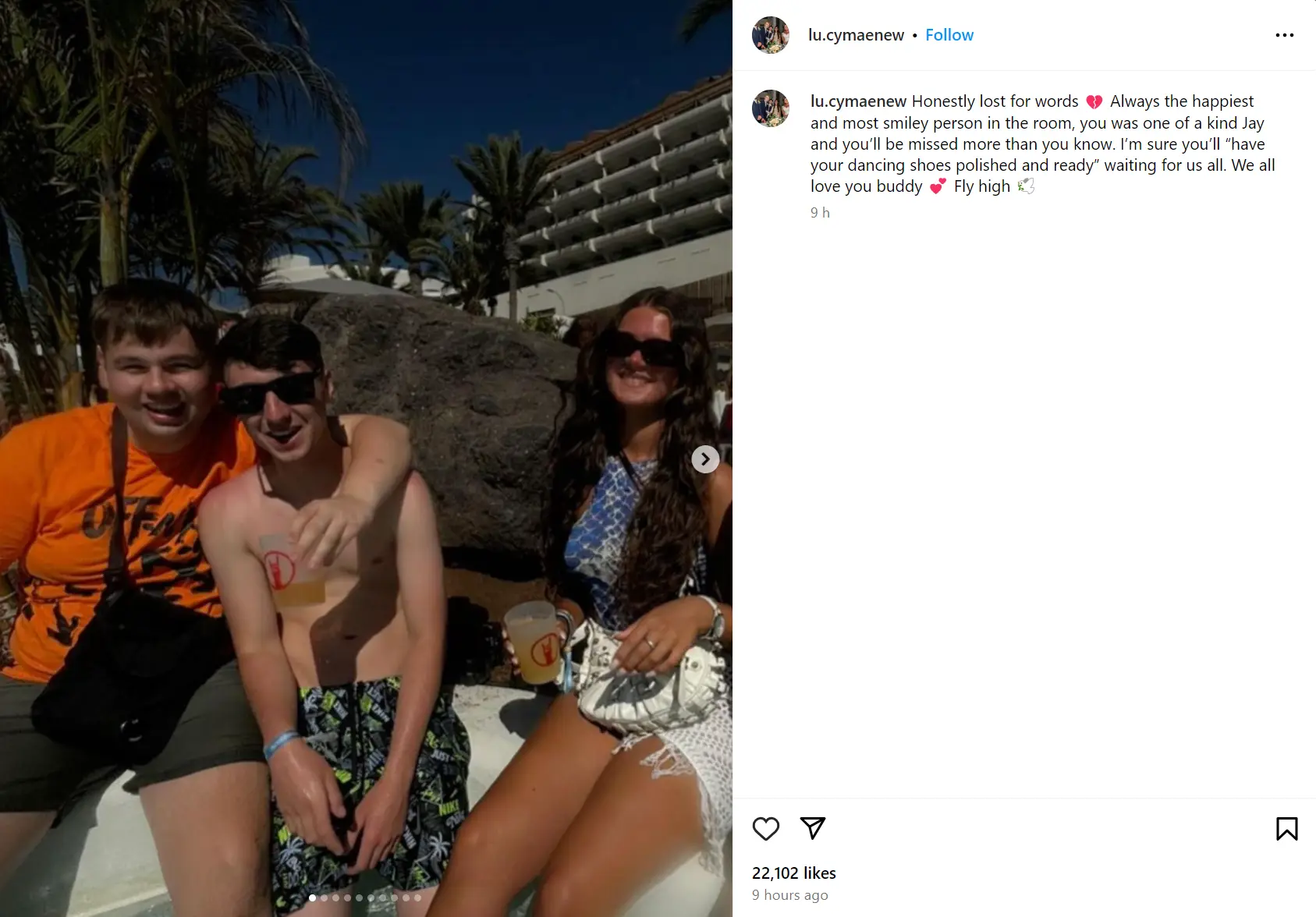 The post from Jay Slater's friend Lucy, whose call with him helped the search efforts to find him. (Instagram/@lu.cymaenew)