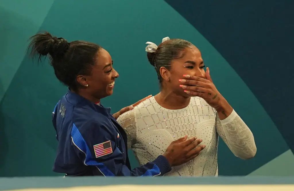 Team USA's Simone Biles and Jordan Chiles celebrate winning Olympic medals. (Photo by Mehmet Murat Onel/Anadolu via Getty Images and Photo by Jamie Squire/Getty Images)