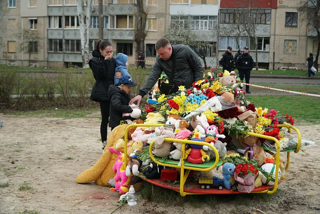 A memorial set up in Kryvyi Rih, Ukraine, on 6 April after Russian missile strikes killed 20 people, including nine children (Mykola Domashov/Suspilne Ukraine/JSC "UA:PBC"/Global Images Ukraine via Getty Images)