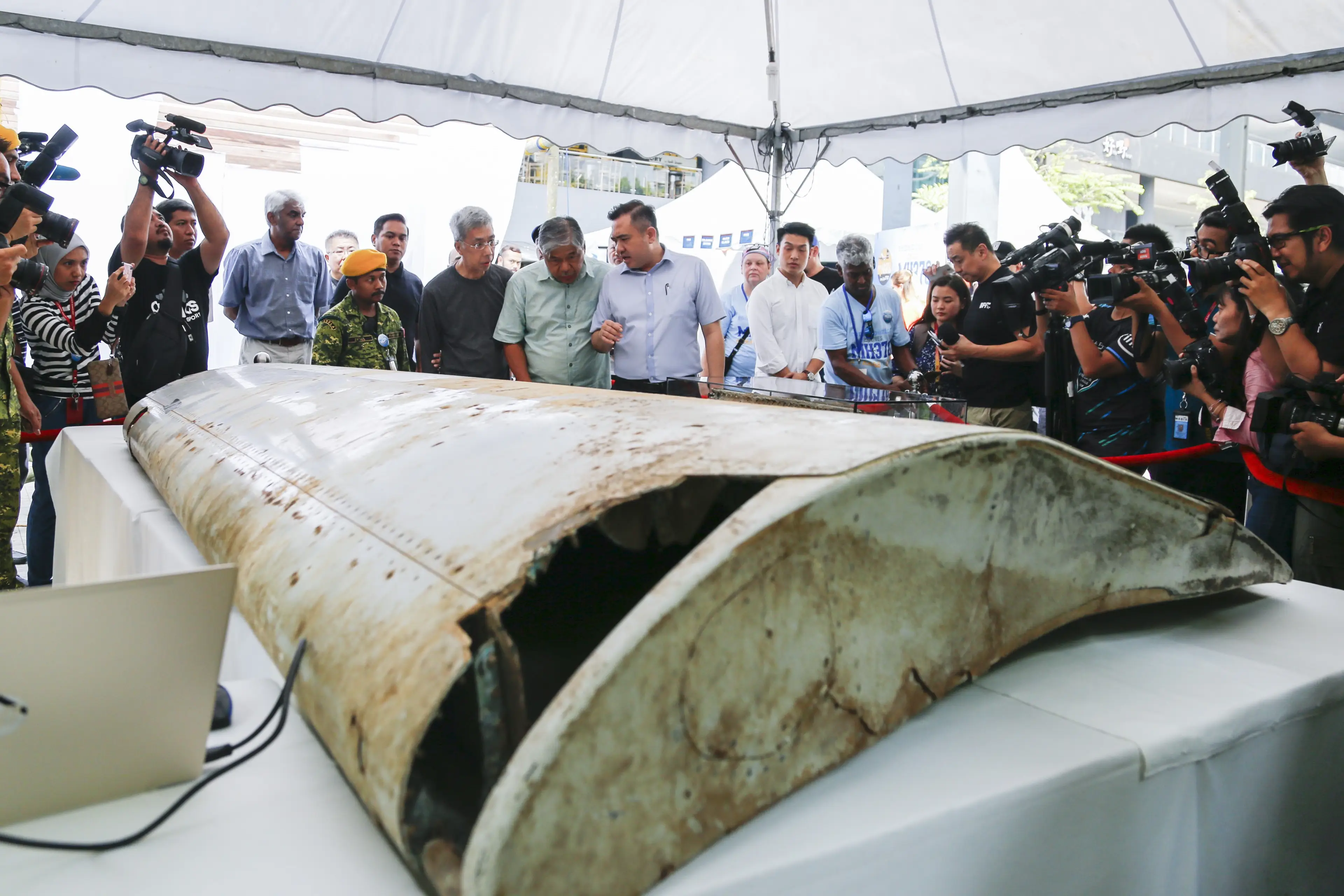 The wing flap found on Pemba Island, Tanzania, which has been identified a missing part of Malaysia Airlines Flight MH370 (Adli Ghazali/Anadolu Agency/Getty Images)