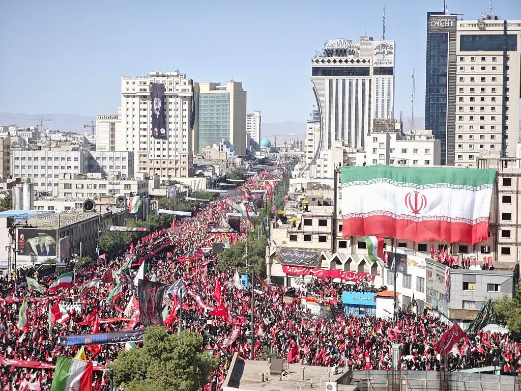 The funeral procession of Ali Khamenei in Tehran (Majid Saeedi/Getty Images)