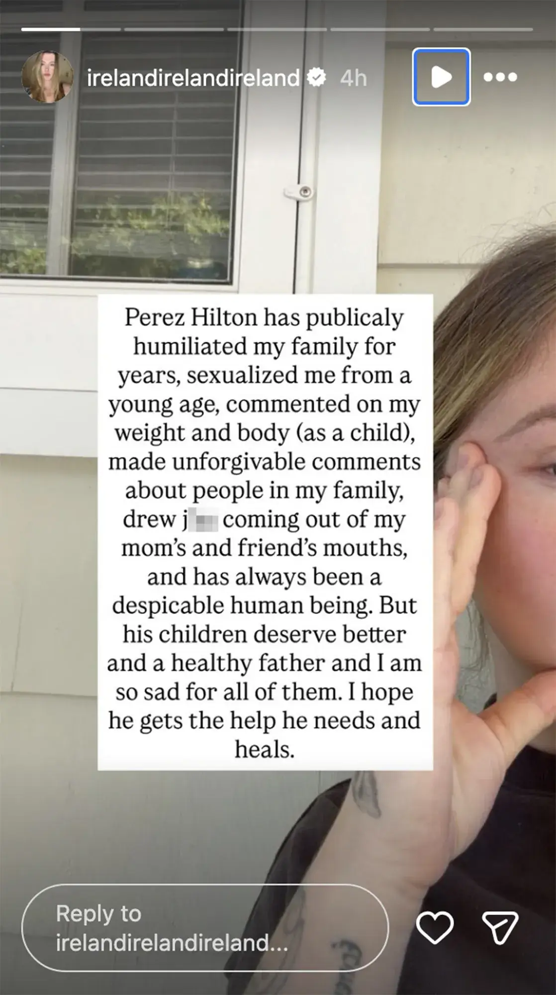 Ireland Baldwin said she hoped Perez Hilton got the help he needed, but she remembered his 'unforgivable comments' about her family (Instagram/Ireland Baldwin)
