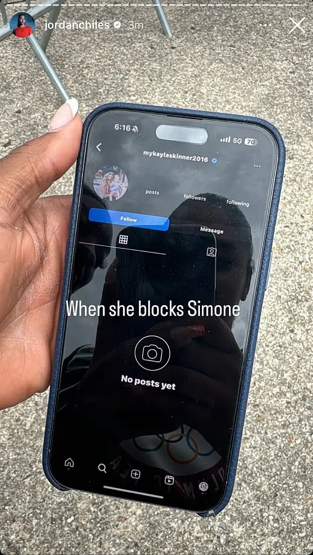 Simone Biles' teammate taking a photo of Biles' phone showing her seemingly blocked by Skinner on Instagram. (Instagram/@jordanchiles)