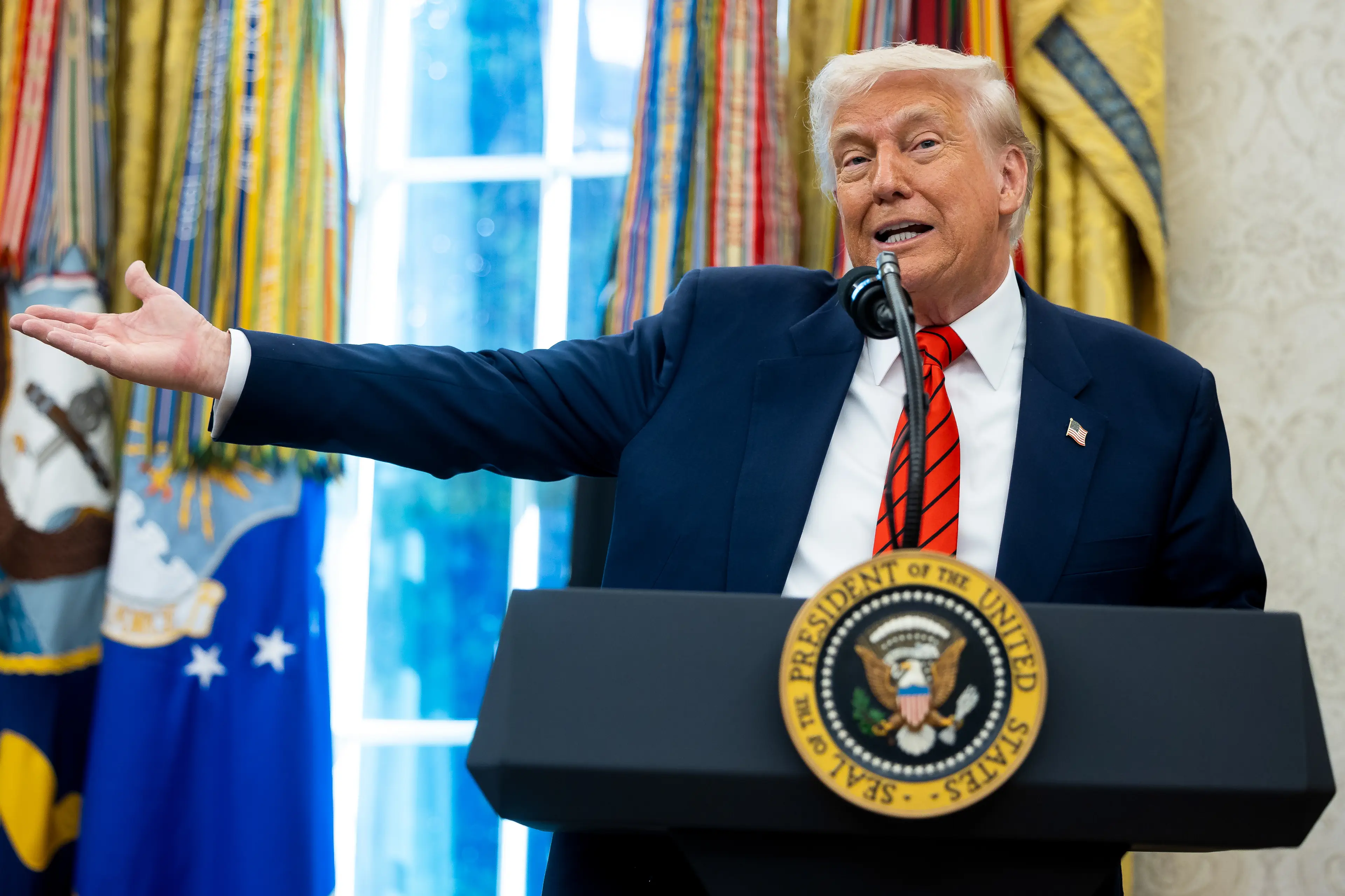 Trump said the announcement will be 'truly earth-shattering', adding that it is a 'positive development' for the US  (Francis Chung/Politico/Bloomberg via Getty Images)
