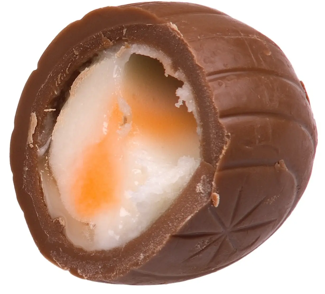 The eggs are filled with a white cream.