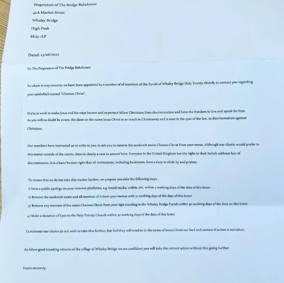 The café received a letter about the sarnie.