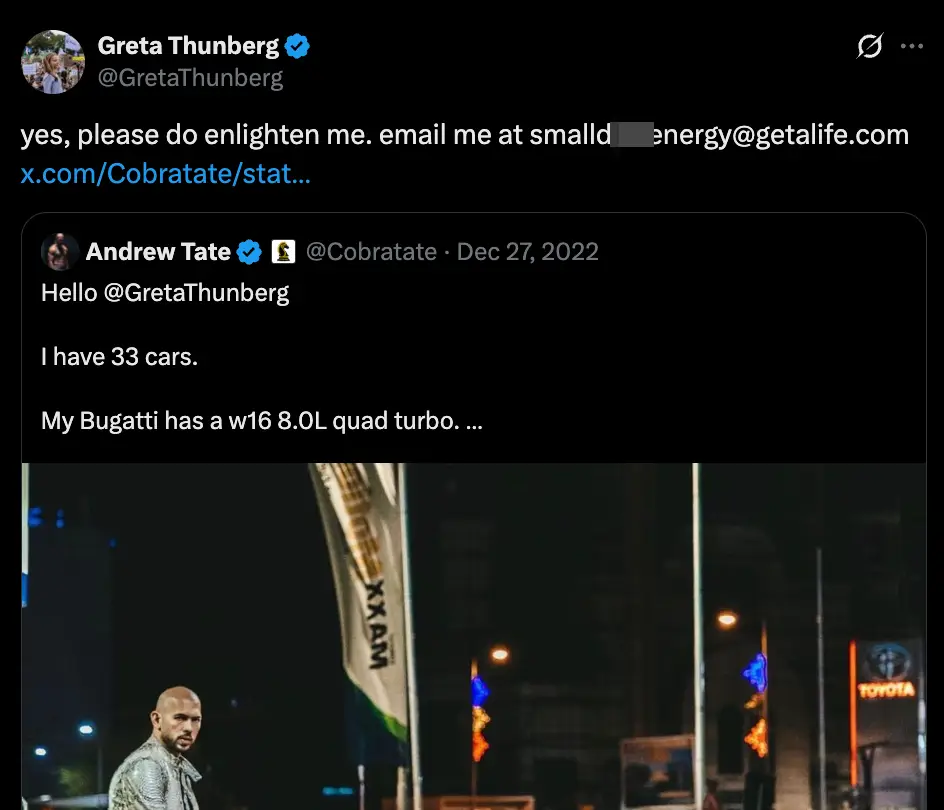 Thunberg's famous tweet to Tate (X)