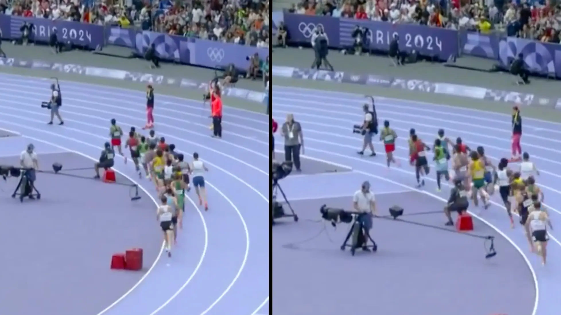 Shocking moment Olympics cameraman wanders into pack of runners and risks causing huge pile-up during race