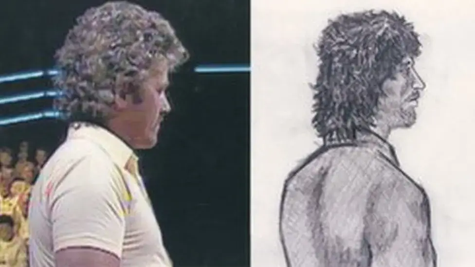 John Cooper on Bullseye and, right, a police sketch from the same time as the TV appearance (ITV / police handout)