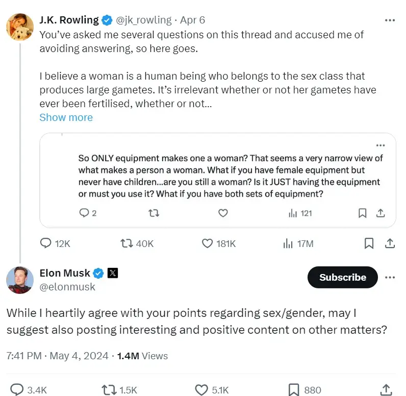 Two of the highest profile people in the world and this is what they're talking about. (X/@jk_rowling/@elonmusk)