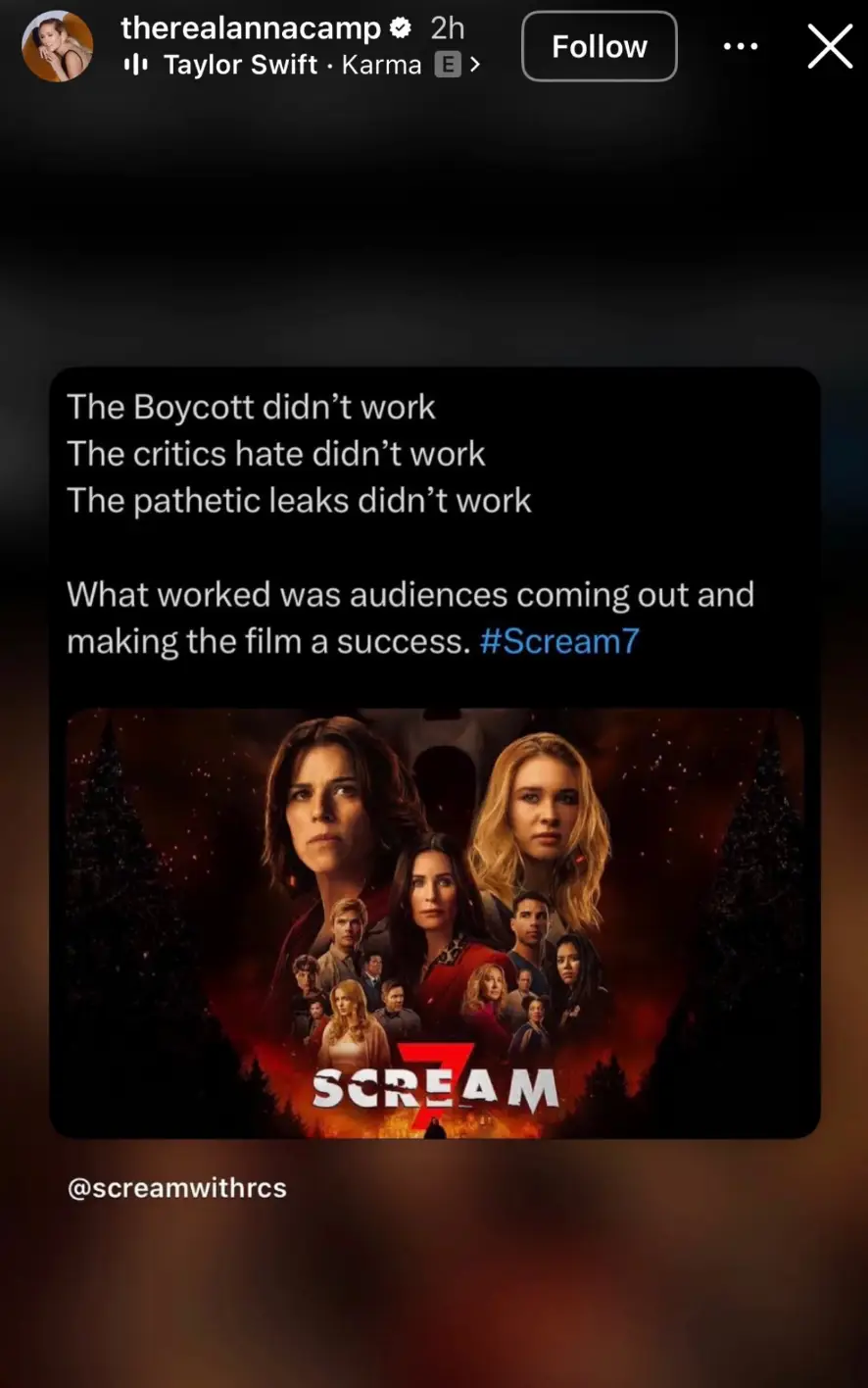 The Scream 7 actor posted this to her story, however has since deleted it (X)