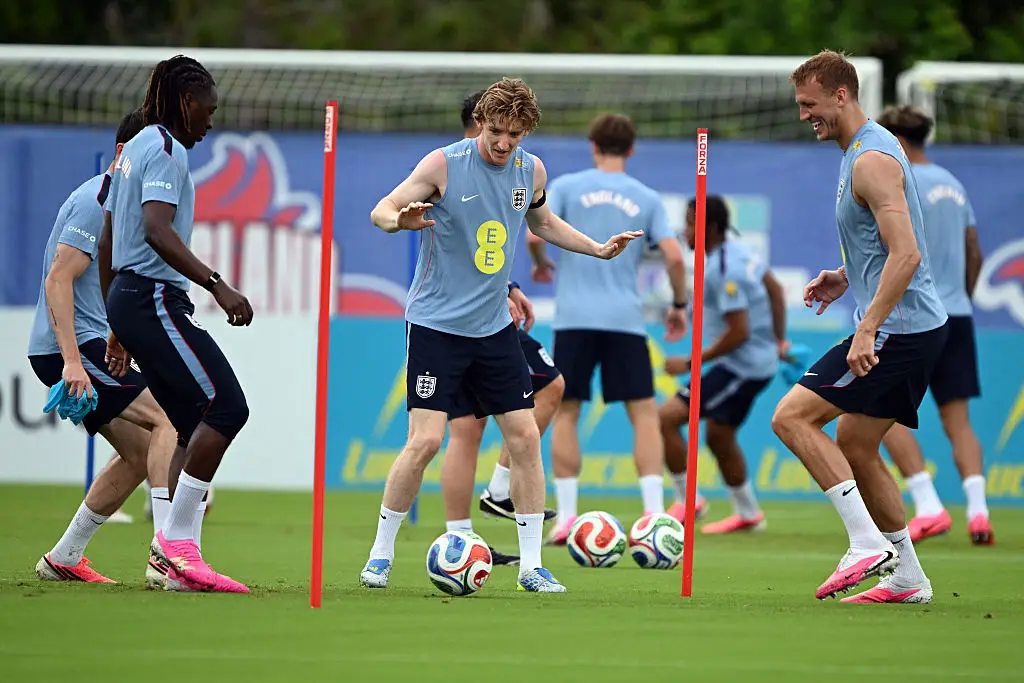 The England team pictured here enjoying their boots, balls and training equipment, which has since been stolen in Kansas City (CHANDAN KHANNA / AFP via Getty Images)