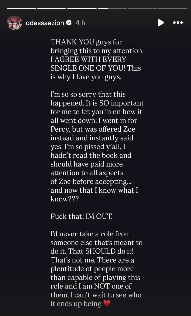 She was cast as Zoe Guttierez in the upcoming film adaptation but dropped out 48 hours after the news was released (Instagram/Odessa A'Zion)