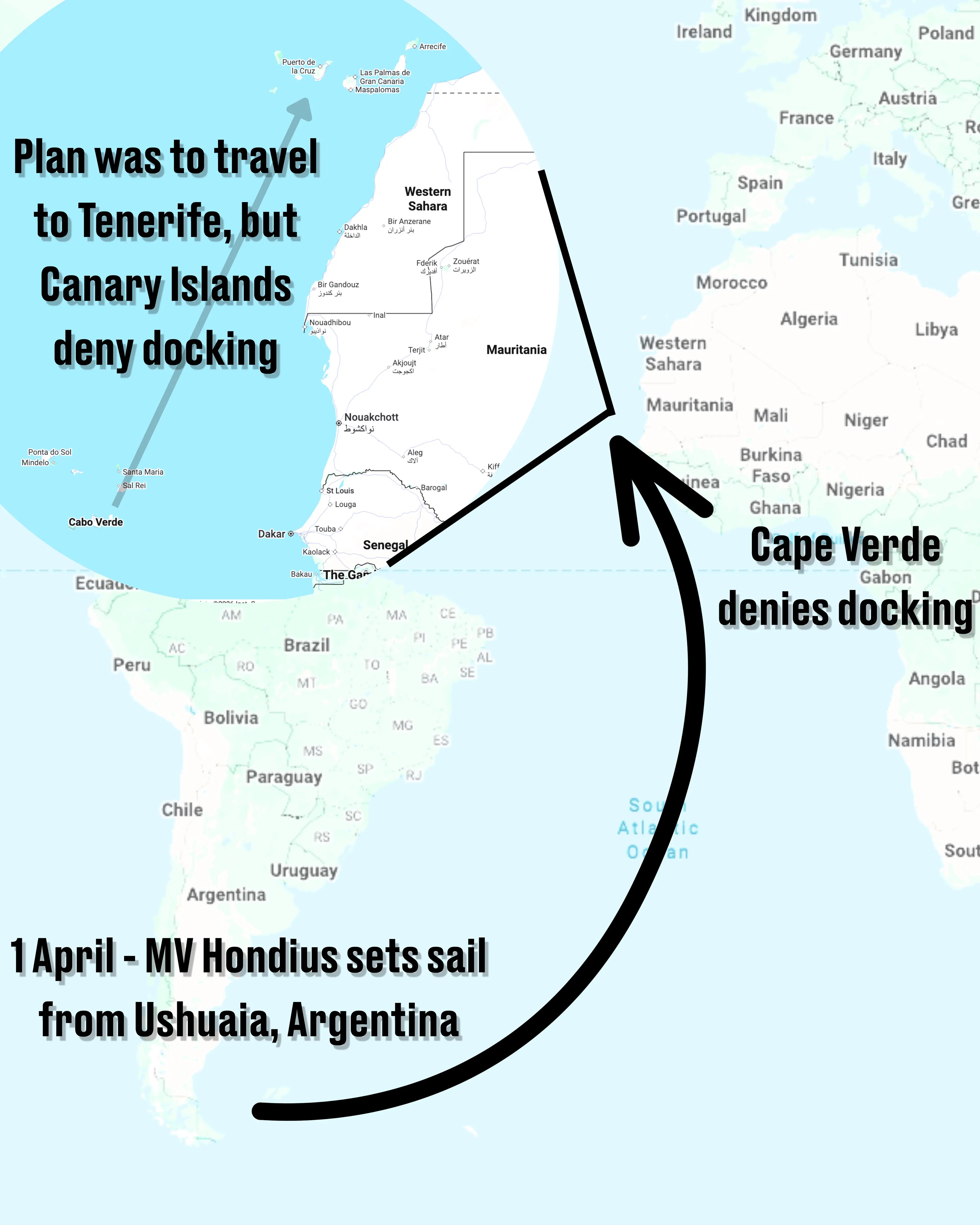 The journey of the MV Hondius so far (Google Maps/LADbible)