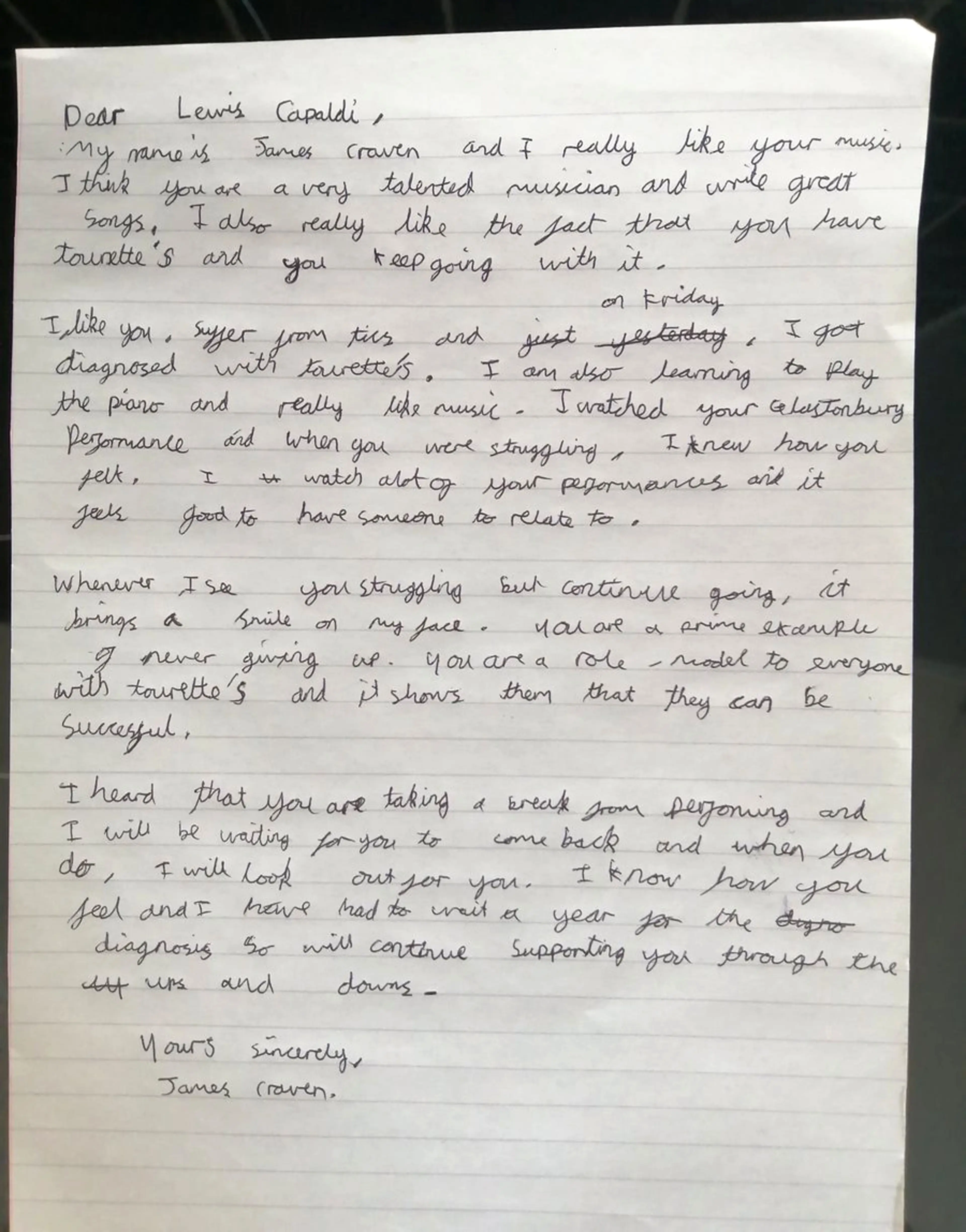 James' handwritten letter to Lewis Capaldi.